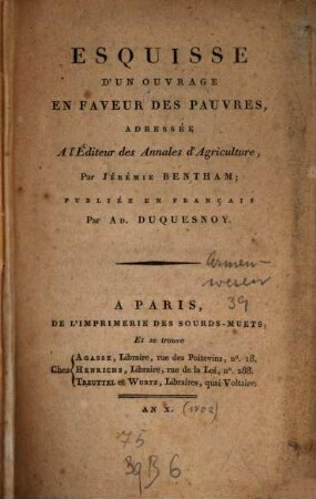 Esquisse d'un ouvrage en faveur des pauvres : adressée à l'editeur des Annales d'Agriculture