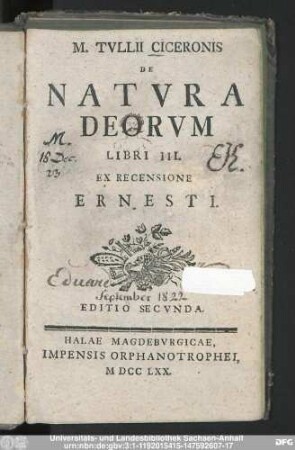 M. Tvllii Ciceronis De Natvra Deorvm Libri III.