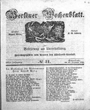 No. 51, Sonnabend, den 22. December 1838.
