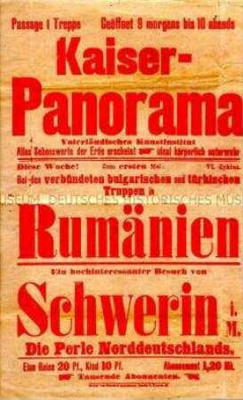 Maueranschlag mit Werbung für Vorführungen im Kaiserpanorama über Rumänien und Schwerin