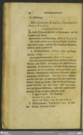 V. Ordnung. Mit häutigen Flügeln (Hymenoptera) (Linn. S. N. p. 917)