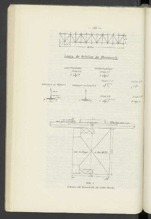 Schema und Querschnitt der ersten Brücke.
