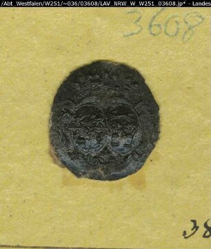 Siegler: Überlieferungsart: Stoff: Lack Farbe: schwarz Form: oval. Durchmesser: 21 mm Art: Typ: Umschrift: