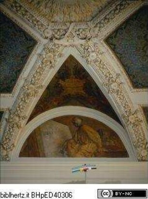 Gewölbedekoration mit Allegorien der Skulptur und Malerei, Niccolò Pisano meißelt ein Relief (Lünette)