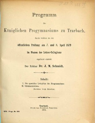 Programm des Königlichen Progymnasiums zu Trarbach : über das Schuljahr .... 1878/79