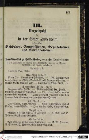 III. Verzeichniß der in der Stadt Hildesheim befindlichen Behörden, Commissionen, Deputationen und Corporationen.