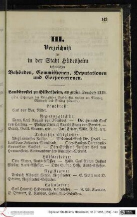 III. Verzeichniß der in der Stadt Hildesheim befindlichen Behörden, Commissionen, Deputationen und Corporationen.