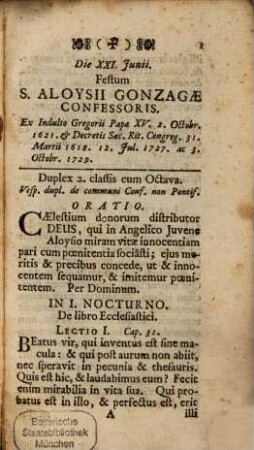 Die XXI. Iunii Festum S. Aloysii Gonzagae