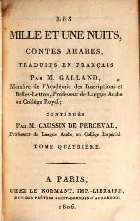 Les Mille Et Une Nuits : Contes Arabes, Tome Quatrième