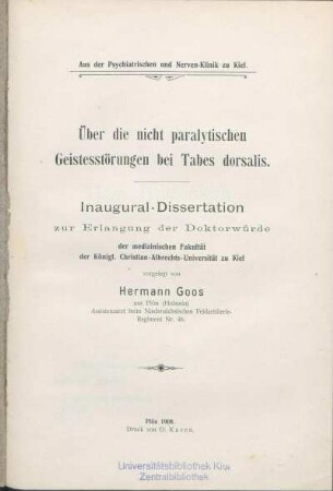 Über die nicht paralytischen Geistesstörungen bei Tabes dorsalis