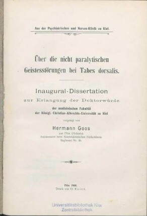 Über die nicht paralytischen Geistesstörungen bei Tabes dorsalis