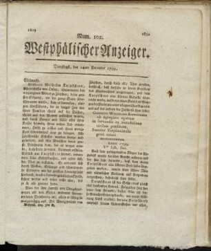 Num. 102. Dienstags, den 24ten December 1799. - Num. 104. Dienstags, den 31ten December 1799.