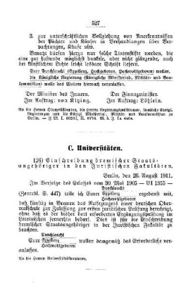Einschreibung bremischer Staatsangehöriger in den Juristischen Fakultäten : [C. Universitäten]