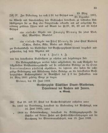 59. Ministerial-Bekanntmachung, das Ausschreiben einer Abgabe zur Verbandskasse der Viehbesitzer des Großherzogthums betreffend