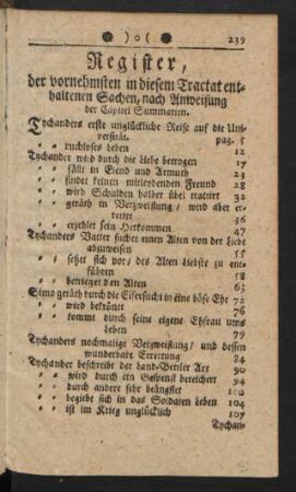 Register, der vornehmsten in diesem Tractat enthaltenen Sachen, nach Anweisung der Capitel Summarien.