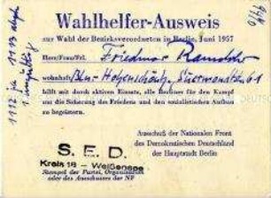 Wahlhelfer-Ausweis zur Wahl der Bezirksverordneten in Berlin 1957