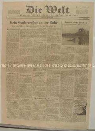 Tageszeitung der britischen Besatzungszone "Die Welt" u.a. über die Außenministerkonferenz der Alliierten in Moskau zur deutschen Frage