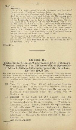 Strecke 15. Berlin - Rixdorf - Königs-Wusterhausen - (F. H. Duberow) - Wendisch-Buchholz - Neu-Lübbenau - (Unter-Spreewald) - Gröditzsch - Lübben - Lübbenau - (Spreewald) - Vetschau - Kottbus 120,78 km