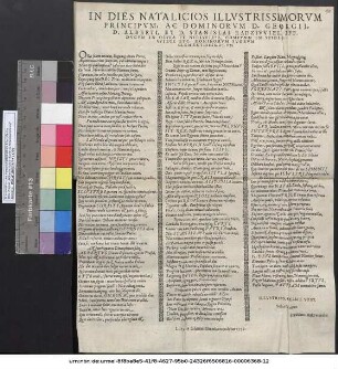 In Dies Natalicios Illvstrissimorvm Principvm, Ac Dominorvm D. Georgii, D. Alberti, Et D. Stanislai Radzivviel, FFF. Dvcvm In Olyka Et Nieswiesz, Comitvm In Szidlowiecz Etc. Dominorvm Svorvm Clementissimorvm