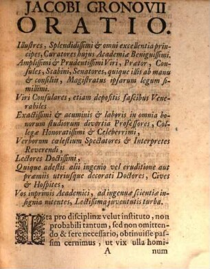 Jacobi Gronovii Oratio, habita a. d. VI. Idus Februarias, quum rectoris magnifici munere abiret, in qua conatur certius designare tempus Batavorum immigrationis in hanc insulam