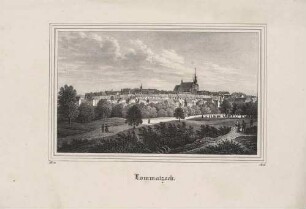Ortsansicht mit Wenzelskirche in Lommatzsch im Landkreis Meißen in Sachsen, aus der Zeitschrift Saxonia, 3. Band