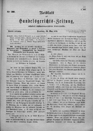 Beiblatt zur hamburgischen Handelsgerichts-Zeitung No. 20. Neunter Jahrgang. Hamburg, 20. Mai 1876.