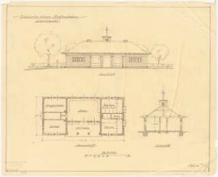 Straßenbahn-Wartehalle: Ansicht, Grundriss, Schnitt 1:100
