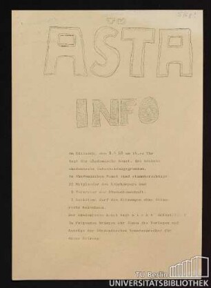 TU AStA Info. Am Mittwoch, dem 8.4.68