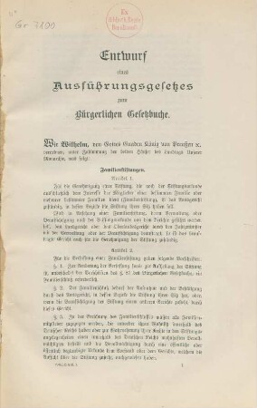 Entwurf eines Preußischen Ausführungsgesetzes zum Bürgerlichen Gesetzbuche nebst Begründung