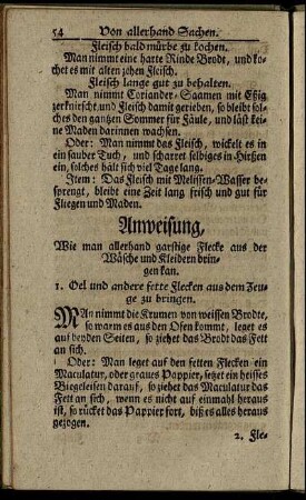 Anweisung, Wie man allerhand garstige Flecke aus der Wäsche und Kleidern bringen kan.