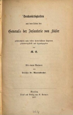 Denkwürdigkeiten aus dem Leben des Generals der Infanterie von Hüser