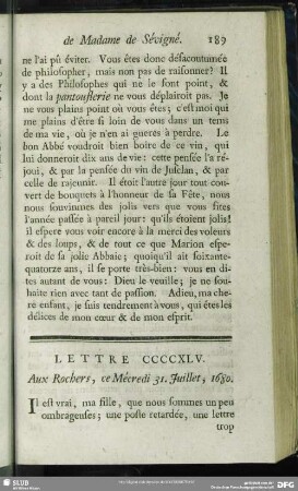 Lettre CCCCXLV. Aux Rochers, ce Mécredi 31. Juillet, 1680