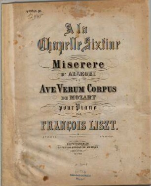 A la Chapelle Sixtine : Miserere d'Allegri et Ave Verum Corpus de Mozart ; pour piano à 2 ms.