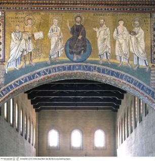 Der segnende Christus zwischen den heiligen Petrus, Paulus, Laurentius, Stefanus, Hippolyt und Pelagius mit dem Modell der Kirche