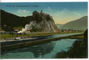 Aussig. Burgruine Schreckenstein an der Elbe mit Personen-Seitenraddampfer "Germania" (Werft Blasewitz)