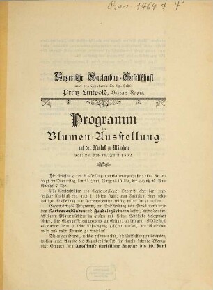 Programm der allgemeinen Blumen-Ausstellung im k. Glaspalaste zu München. 1892, 23. - 30. Juni