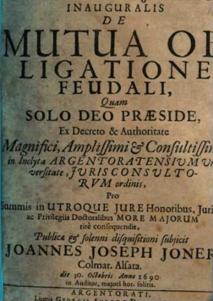 Dissertatio Iuridica Inauguralis De Mutua Obligatione Feudali