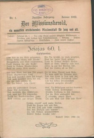 Nr 1. Zwölfter Jahrgang. Januar 1912.