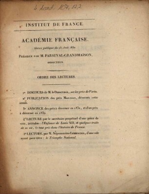 Académie Française. Séance publique du 25 août 1830