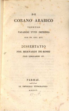 De Corano arabico Venetiis Paganini typis impresso