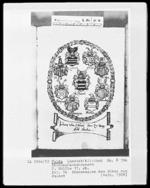 Ahnenaufschwörungen — Ahnenwappen des Johan von Palant, Folio 16recto
