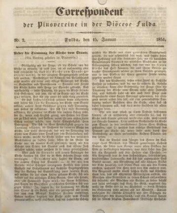 Nr. 2. Fulda, den 15. Januar 1851.
