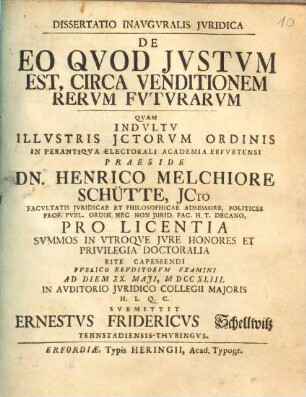 Dissertatio Inauguralis Iuridica De Eo Quod Iustum Est, Circa Venditionem Rerum Futurarum