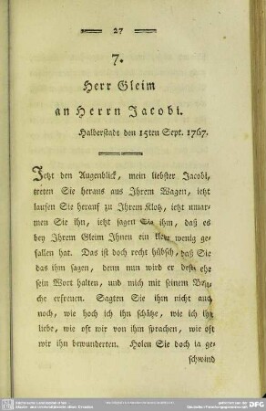 7. Herr Gleim an Herrn Jacobi. Halberstadt den 15ten Sept. 1767