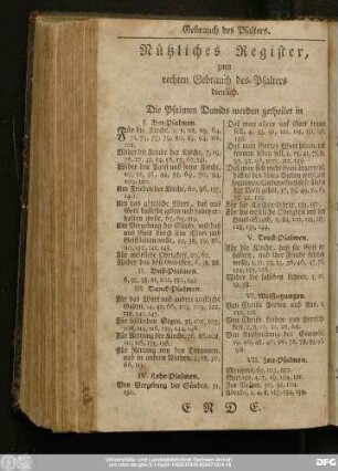 Nützliches Register, zum Gebrauch des Psalters dienlich.