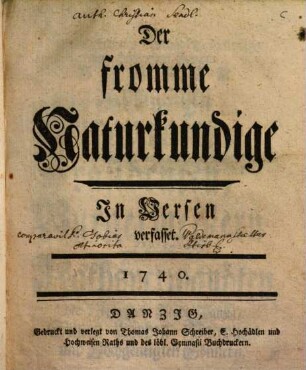 Der fromme Naturkundige : In Versen verfasset