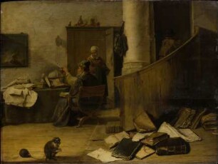 Ein Arzt betrachtet in seinem Studierzimmer ein Uringlas