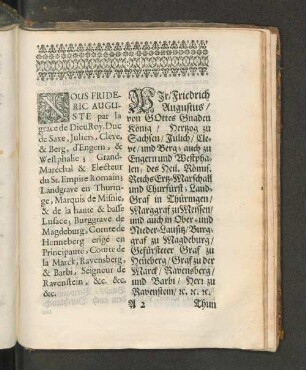 [Friedens-Schluß Zwischen Ihro Königlichen Majestät und Churfürstl. Durchl. zu Sachsen...]