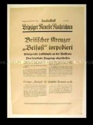 Sonderblatt der "Leipziger Neuesten Nachrichten" zur Torpedierung eines britischen Kreuzers