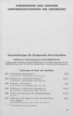 Vorlesungen und sonstige Lehrveranstaltungen der Universität